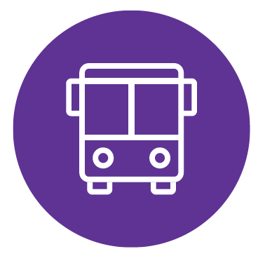 Icono de autobús blanco en círculo morado.